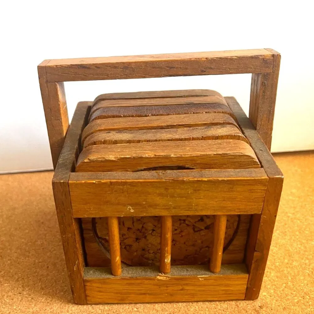 Vintage Wood Coaster w/ Caddy Barware Drink Holder Cork MCM Cabin Rustic Decor